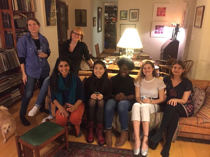 Gina Gionfriddo (left front, playwright and former Centennial Scholar) and Shayoni Mitra (right front, Barnard Theater professor) join Scholars and program directors for dinner.