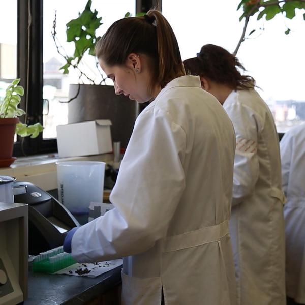 Young women in white lab coats working in a science lab