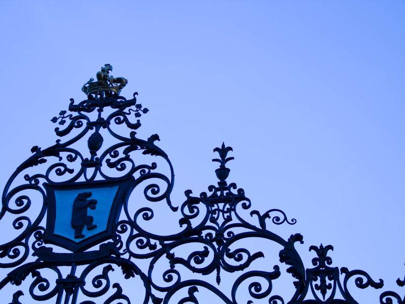 close-up of Barnard gate, detail of the dancing bear against a blue sky